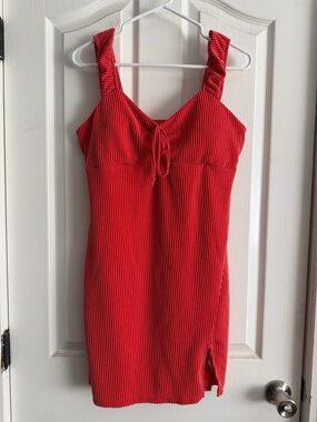 No Boundaries Red Ribbed Mini Dress with Front Tie